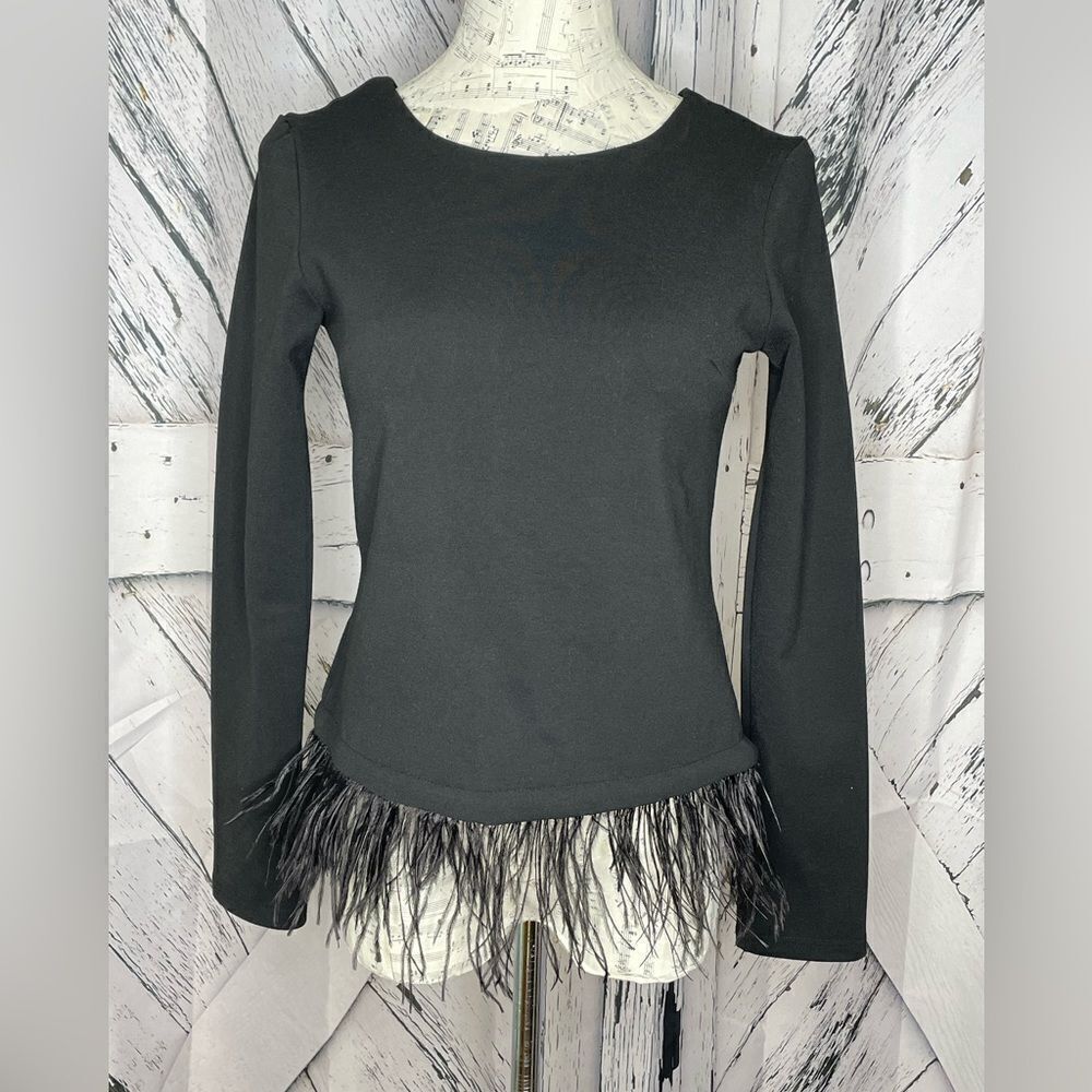 BALMAIN Paris stretch long sleeve top feather trim S